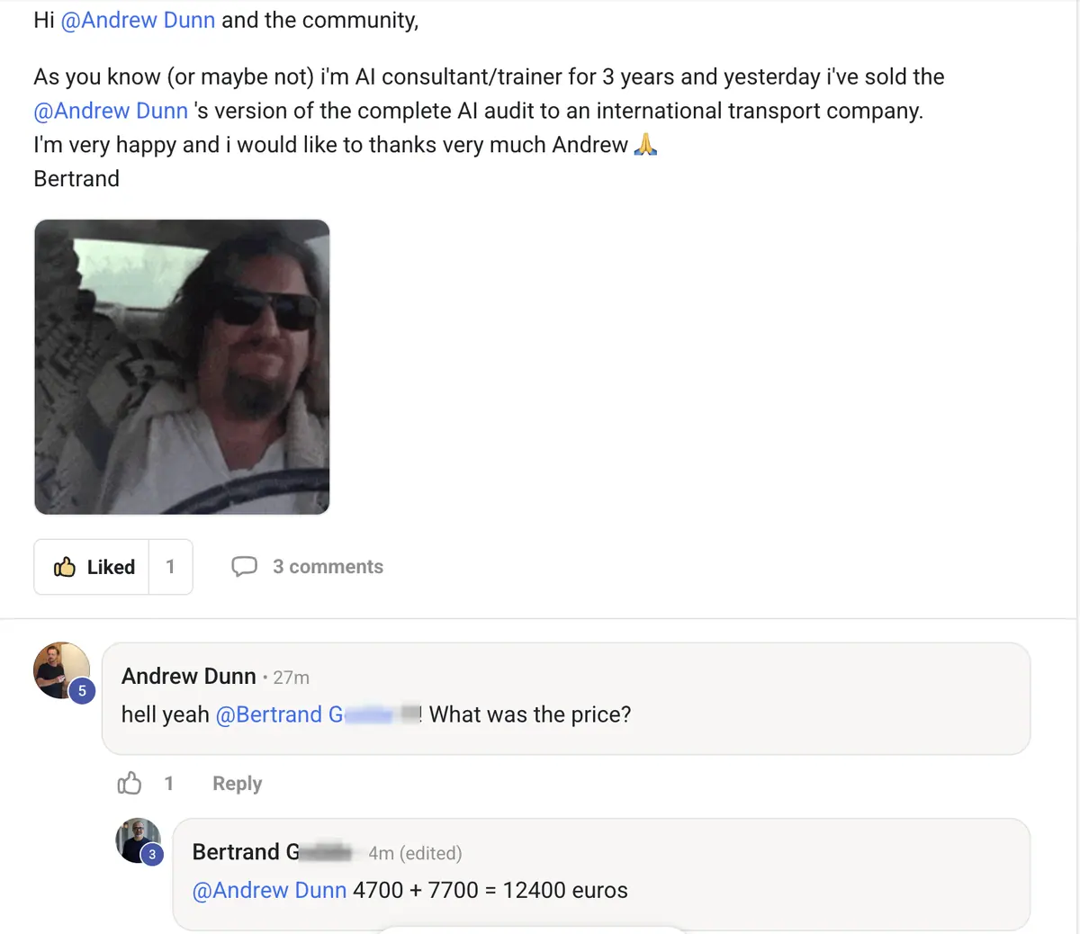 Bertrand G. posting a win in the community
