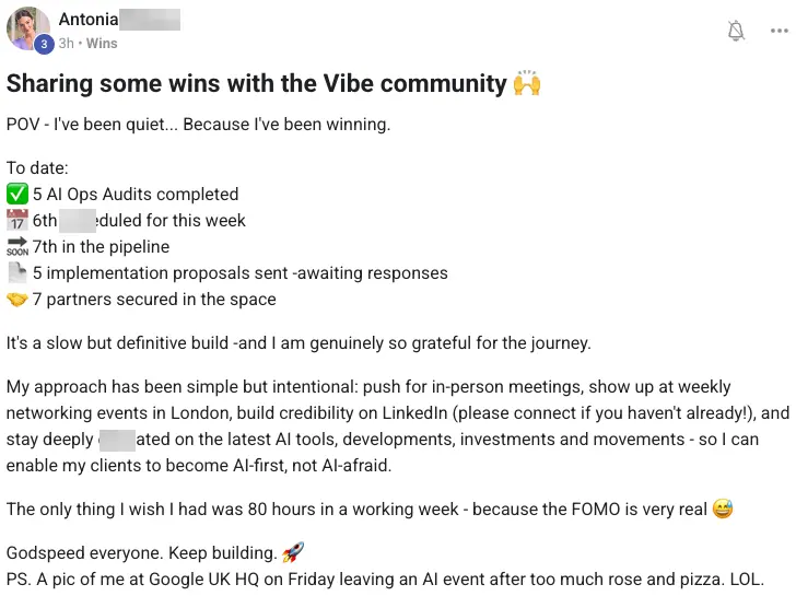 Antonia B. posting a win in the community