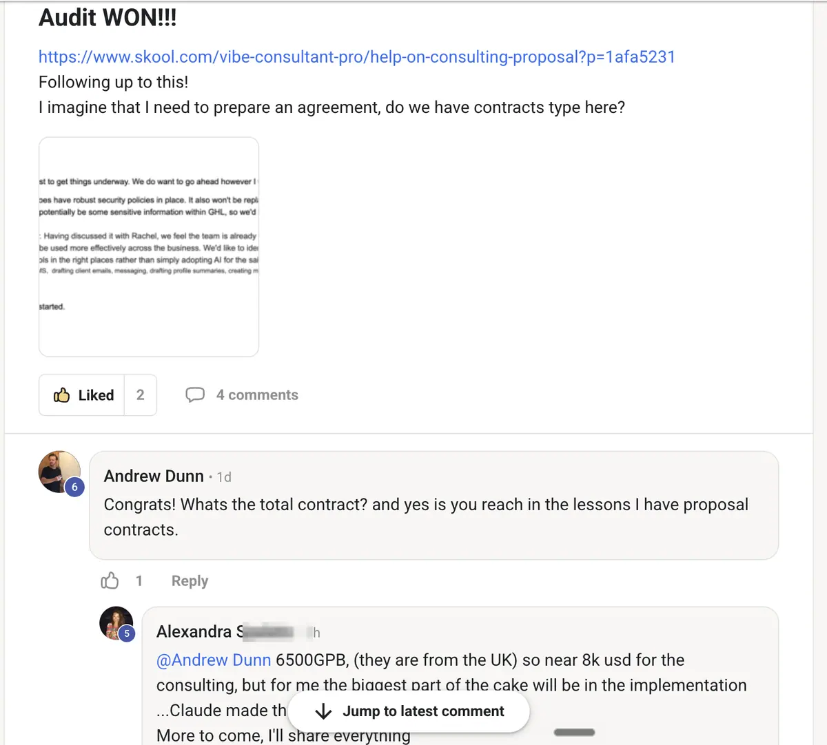 Alexandra S. posting a win in the community