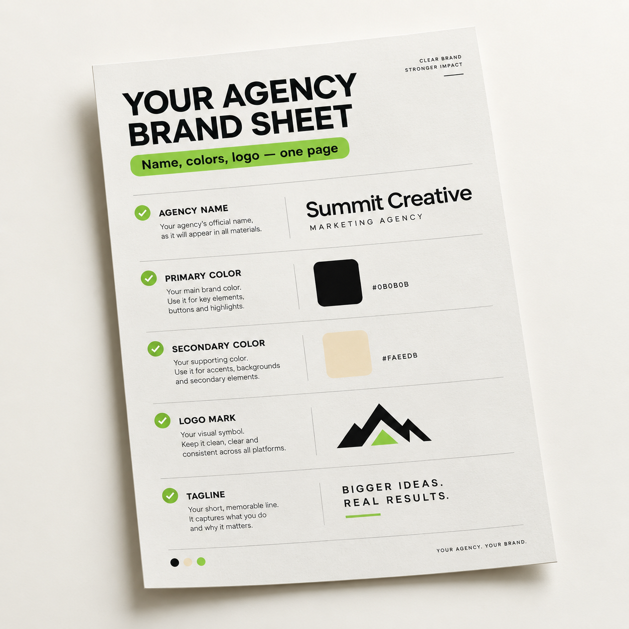 Your agency brand sheet, name, colours, one page